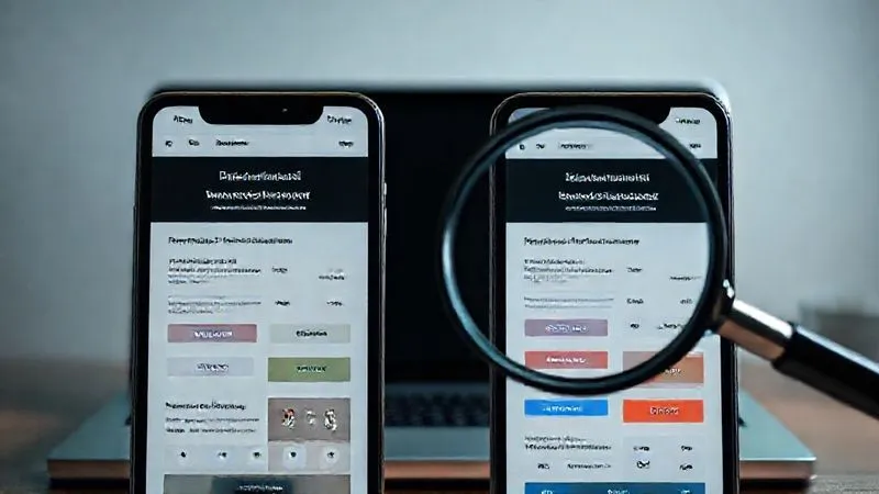 A photorealistic image of two distinct mobile phone screens side-by-side, each displaying a slightly different version of a landing page (e.g., different button colors, headlines). One screen shows higher conversion metrics. A magnifying glass hovers over the more successful screen, highlighting the difference. Cinematic lighting, sharp focus on the screens, depth of field blurring a laptop in the background, 8K hyper-detailed.