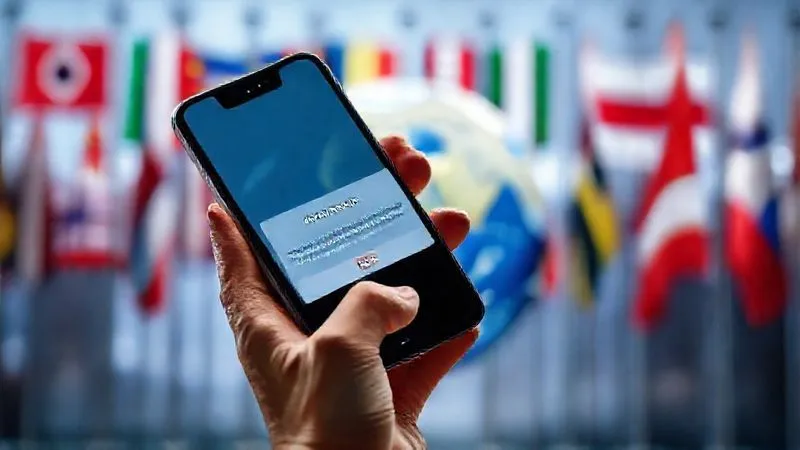 A photorealistic image of a digital nomad's hand holding a smartphone displaying a cookie consent pop-up, with a blurred background of international flags and a globe, symbolizing global data privacy. Cinematic lighting, sharp focus on the phone and hand, depth of field blurring the background, 8K hyper-detailed.