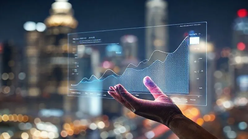 A photorealistic image of a sleek, futuristic interface displaying predictive analytics and machine learning algorithms on a transparent screen. A digital nomad's hand is interacting with the holographic data, which projects growth curves and optimized marketing strategies. The background is a blurred, vibrant cityscape at night, suggesting global reach. Cinematic lighting, sharp focus, 8K hyper-detailed.