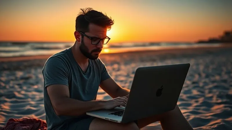 A photorealistic image of a person sitting in front of a laptop on a beach, looking stressed and overwhelmed, with multiple digital notifications popping up. The sun is setting, casting long shadows. Cinematic lighting, sharp focus on the person's anxious expression, depth of field blurring the beautiful but ignored beach background. 8K hyper-detailed, professional photography, shot on a high-end DSLR.