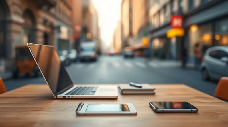 A photorealistic image of a minimalist, organized digital nomad setup: a sleek laptop, a small notebook, and a smartphone on a clean wooden table, with a blurred background of a vibrant, sunlit city street. Cinematic lighting highlights the devices, sharp focus on the organized workspace, depth of field creating a sense of calm efficiency. 8K hyper-detailed, professional photography, shot on a high-end DSLR.