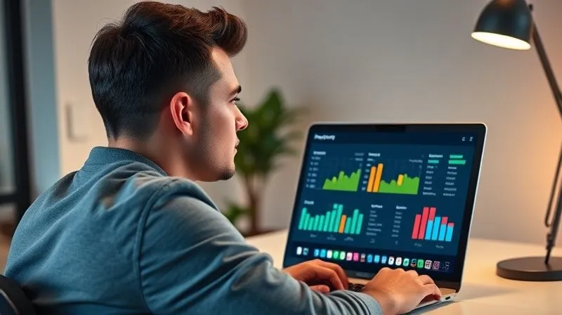 A photorealistic image of a person (gender-neutral) at a desk, looking thoughtfully at a digital dashboard on a laptop screen, displaying colorful charts and graphs representing productivity metrics and well-being scores (e.g., sleep, mood, completed tasks). The background is a clean, modern workspace with a plant. Cinematic lighting, sharp focus on the screen and the person's contemplative expression, depth of field blurring the background. 8K hyper-detailed, professional photography, shot on a high-end DSLR.