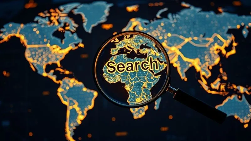 A photorealistic, detailed image of a world map made of interconnected glowing data points and lines, symbolizing global digital reach and keyword research. A magnifying glass hovers over a specific region, highlighting local search terms. Cinematic lighting, sharp focus, depth of field, 8K hyper-detailed, professional photography, shot on a high-end DSLR.