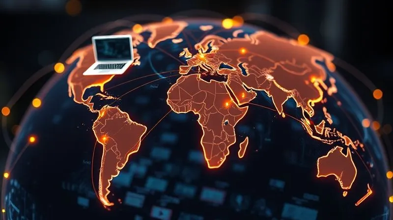 A photorealistic image of a complex network of glowing lines connecting various digital devices (laptops, tablets, smartphones) across different continents on a stylized globe, representing strategic link building and global partnerships. Cinematic lighting, sharp focus on the interconnectedness, depth of field blurring the background, 8K hyper-detailed, professional photography, shot on a high-end DSLR.