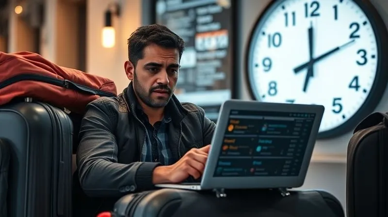 A photorealistic image of a digital nomad looking stressed, surrounded by half-packed luggage and a laptop displaying complex e-learning modules, with a clock showing different time zones in the background. Cinematic lighting, professional photography, 8K, sharp focus, depth of field, shot on a high-end DSLR.