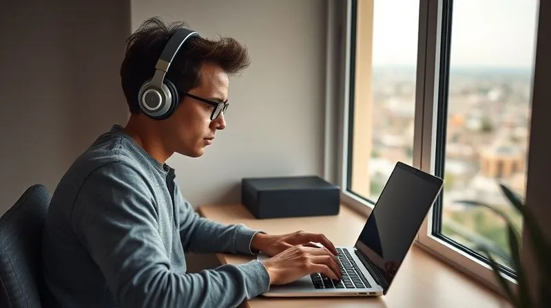 A photorealistic image of a focused digital nomad wearing noise-cancelling headphones, working diligently on a laptop at a small, clean desk in a cozy co-working space, with a window view of a bustling but distant city. Soft, natural light illuminates the scene. Professional photography, 8K, cinematic lighting, sharp focus, depth of field, shot on a high-end DSLR.