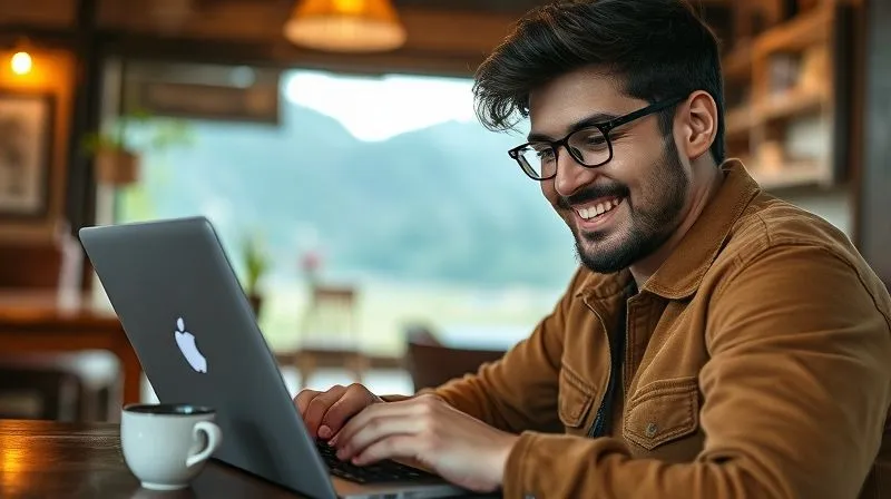 A photorealistic image of a resilient digital nomad, with a calm and determined expression, overcoming a small obstacle (e.g., a temporary internet outage symbolized by a fading signal icon on a laptop screen, but the nomad is already smiling, pulling out a backup device). The setting is a cozy cafe in a remote, beautiful location. Professional photography, 8K, cinematic lighting, sharp focus, depth of field, shot on a high-end DSLR.