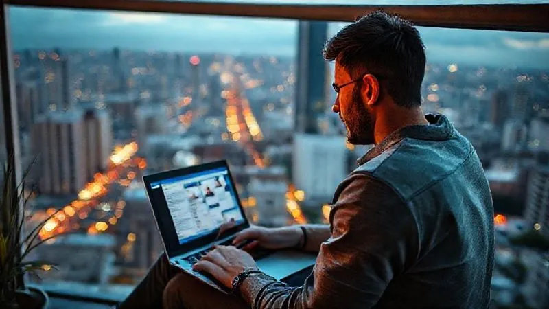 A photorealistic image of a person sitting on a balcony overlooking a bustling city, deeply focused on a laptop screen displaying a Trello board. The light of dawn illuminates their face, suggesting dedication and early morning work. Professional photography, 8K, cinematic lighting, sharp focus on the laptop and person, depth of field blurring the city background, shot on a high-end DSLR.