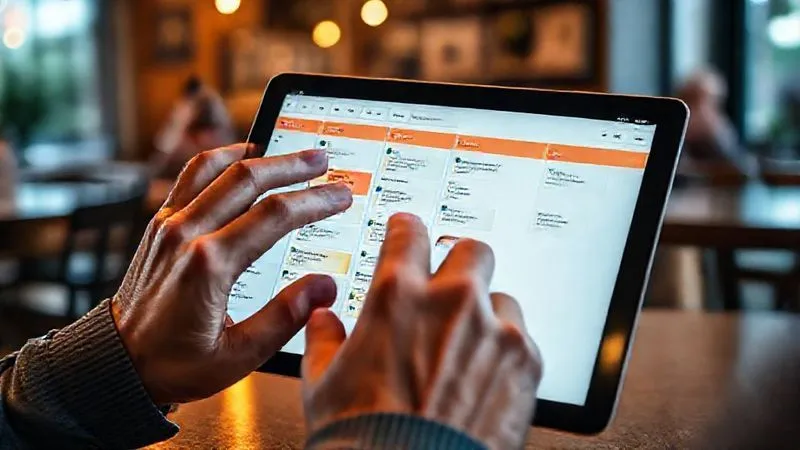 A photorealistic close-up of a Trello board on a tablet screen, showing a detailed skill learning roadmap with various lists and color-coded cards. Hands are interacting with the screen, dragging and dropping cards. The background is a blurred, cozy cafe setting. Professional photography, 8K, cinematic lighting, sharp focus on the tablet, depth of field blurring the cafe, shot on a high-end DSLR.