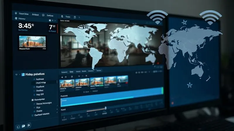 A photorealistic, professional photography, 8K, cinematic lighting, sharp focus, depth of field, shot on a high-end DSLR, showing a video editor's screen with multiple video tracks and settings for resolution and bitrate, specifically highlighting H.264/H.265 codecs, with a faint, transparent overlay of a world map and Wi-Fi signal icons, symbolizing global reach and connectivity challenges. The setup is modern and clean.