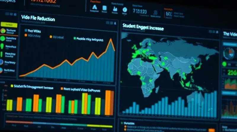A photorealistic, professional photography, 8K, cinematic lighting, sharp focus, depth of field, shot on a high-end DSLR, depicting a complex digital dashboard with graphs showing 'video file size reduction' and 'student engagement increase' metrics, alongside a world map with green dots representing successful video deliveries. The overall impression is data-driven success and global reach.