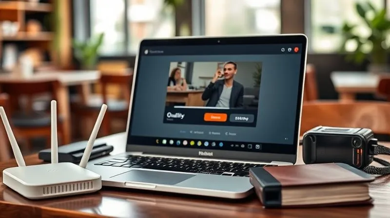 A photorealistic, professional photography, 8K, cinematic lighting, sharp focus, depth of field, shot on a high-end DSLR, showing a laptop screen displaying a video player with quality settings (e.g., 1080p, 720p, 480p) and a download button, surrounded by various digital nomad tools like a portable router, power bank, and a travel journal. The background is a blurred, cozy cafe or co-working space.