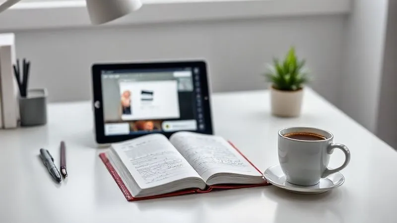 A photorealistic image of a neatly organized desk in a minimalist, modern workspace, featuring a tablet displaying an educational video, a notebook with handwritten notes, and a cup of coffee. The setting is clean and focused, conveying a sense of productive learning. Cinematic lighting, sharp focus on the desk items, depth of field blurring the background, 8K hyper-detailed, professional photography.