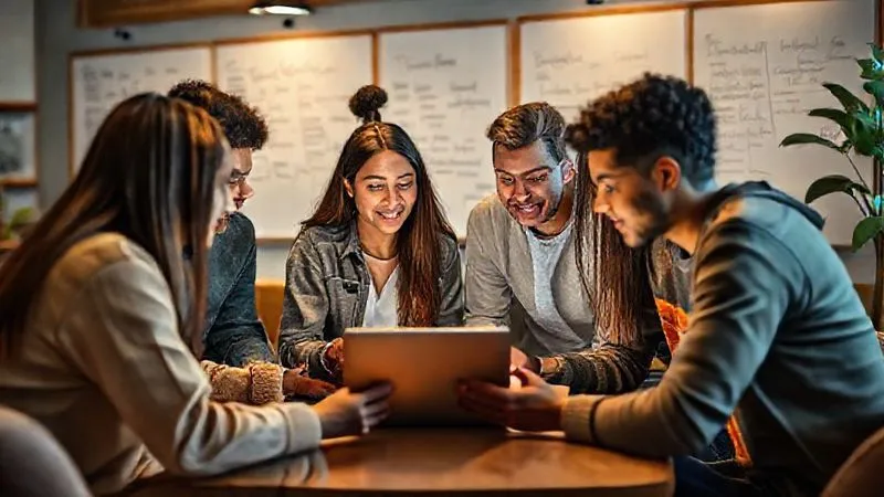 A photorealistic image of a diverse group of young adults (digital nomads) gathered around a tablet and a laptop in a cozy, modern co-working space, actively discussing and providing feedback on digital content. Whiteboards in the background show brainstorming notes. Cinematic lighting, sharp focus on the group interaction, depth of field, 8K hyper-detailed, professional photography.