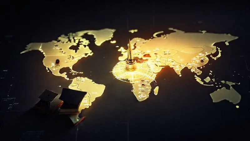 A photorealistic image of a glowing digital compass projected onto a world map, with educational icons (books, laptops, graduation caps) scattered across different continents. The compass needle points towards a path of continuous learning, symbolizing guidance for digital nomads. Cinematic lighting, sharp focus, 8K hyper-detailed, professional photography, conveying global education and direction.
