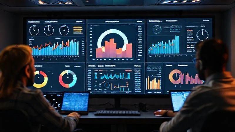 A photorealistic dashboard displaying key agile metrics (sprint velocity, burndown chart, team morale) on multiple screens, with diverse team members in different time zones (represented by subtle clock overlays) looking at them collaboratively, cinematic lighting, sharp focus on the data, depth of field blurring the background, 8K hyper-detailed, professional photography, shot on a high-end DSLR.