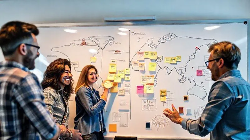 A photorealistic image of a global team collaborating on a virtual whiteboard, with sticky notes and diagrams, showing different time zones indicated by small clocks on the screen edges. Diverse team members are visible through video feeds, engaged and smiling, cinematic lighting, sharp focus on the whiteboard, depth of field blurring the background, 8K hyper-detailed, professional photography, shot on a high-end DSLR.