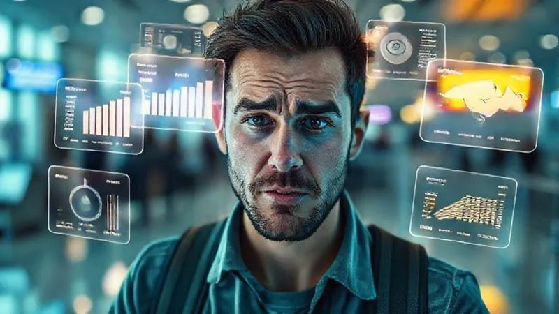 A photorealistic image of a digital nomad looking stressed while juggling multiple glowing holographic screens, each showing different project metrics and team locations. The background is a blurry airport lounge, emphasizing the chaotic nature of unmanaged nomadic work. Professional photography, 8K, cinematic lighting, sharp focus on the nomad's face, depth of field blurring the background, shot on a high-end DSLR.