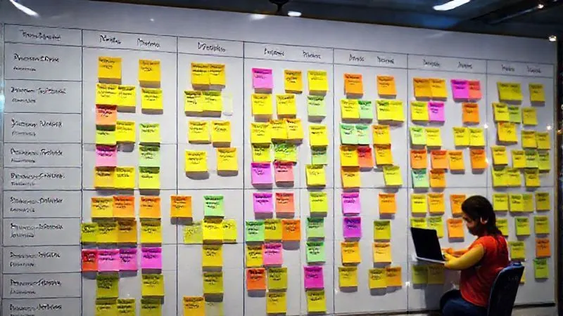 A photorealistic image of a Kanban board filled with colorful digital sticky notes, clearly organized into 'To Do', 'In Progress', and 'Done' columns. A diverse team of digital nomads, some working on laptops in different global locations, are subtly visible in a transparent overlay, connected by glowing lines to the board. Professional photography, 8K, cinematic lighting, sharp focus on the board details, depth of field blurring the background, shot on a high-end DSLR.