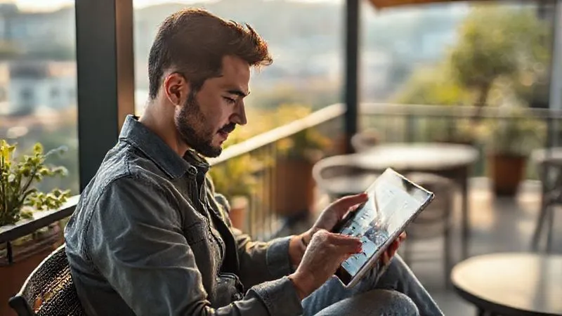 A photorealistic image of a digital nomad, mid-30s, working on a sleek tablet in a picturesque outdoor setting, perhaps a balcony overlooking a city or a quiet cafe with lush greenery. The tablet screen clearly shows an engaging, well-designed educational platform interface. The nomad has a focused, comfortable expression, demonstrating seamless integration of work and life. Cinematic lighting, sharp focus on the tablet and nomad, with a shallow depth of field. Shot on a high-end DSLR, 8K hyper-detailed.