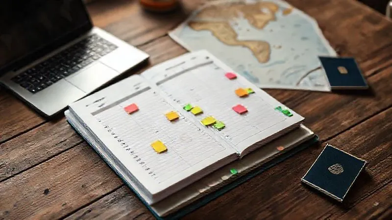A photorealistic image of a vibrant, organized digital planner or bullet journal open on a rustic wooden table, next to a laptop showing a learning platform, with a passport and a world map subtly in the background. The planner has flexible time blocks and colorful sticky notes, symbolizing adaptable scheduling for a digital nomad. Cinematic lighting, sharp focus on the planner, depth of field, 8K hyper-detailed, professional photography, shot on a high-end DSLR.