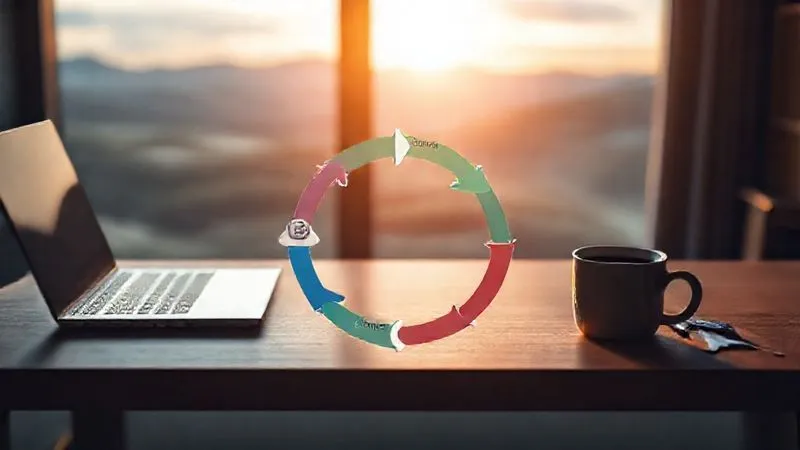 A photorealistic image depicting a continuous feedback loop cycle, visualized as a stylized circular arrow diagram with icons representing 'Plan', 'Learn', 'Apply', 'Evaluate', 'Adjust'. The diagram is on a minimalist desk with a laptop and a cup of coffee, set against a backdrop of a blurred window showing a changing landscape, symbolizing the nomadic lifestyle. Cinematic lighting, sharp focus on the diagram, depth of field, 8K hyper-detailed, professional photography, shot on a high-end DSLR.