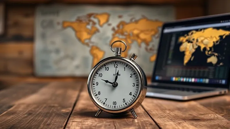 A photorealistic image of a vintage mechanical timer with customizable settings (dials for minutes and seconds), placed on a rustic wooden table. In the background, a world map is subtly blurred, and a laptop screen shows a productivity app. Cinematic lighting, sharp focus on the timer, depth of field. 8K, professional photography.