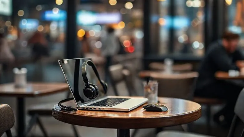 A photorealistic image of a minimalist, portable workspace setup on a small table in a bustling cafe. A laptop, noise-canceling headphones, and a compact mouse are neatly arranged. The background shows blurred cafe patrons and city lights, with the focus sharp on the workspace. Cinematic lighting, 8K, professional photography.