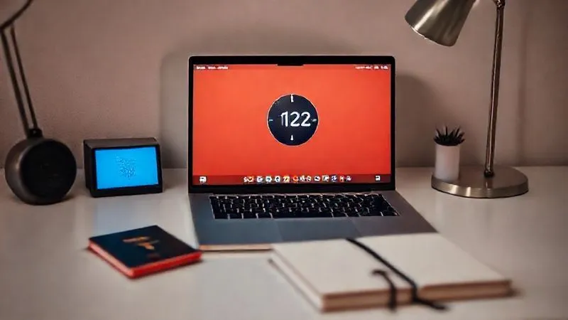 A photorealistic image of a minimalist desk setup with a sleek laptop displaying a Pomodoro app interface (e.g., a timer counting down). Various digital productivity tools are subtly visible as icons on the screen. A passport and a small, stylish notebook are nearby. Professional photography, 8K, cinematic lighting, sharp focus on the laptop screen, depth of field. Shot on a high-end DSLR.