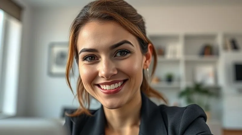 A photorealistic image of a professional woman on a video call, smiling and making direct eye contact with the camera. Her home office background is clean and well-lit. Cinematic lighting, sharp focus on her face, depth of field blurring the background, 8K hyper-detailed.