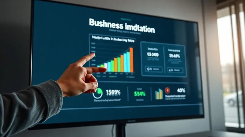 A photorealistic image of a sleek, modern presentation slide on a large monitor, displaying a clean infographic with data points showing business growth and success metrics. A hand is pointing at a key data point on the screen. Cinematic lighting, sharp focus, 8K hyper-detailed.
