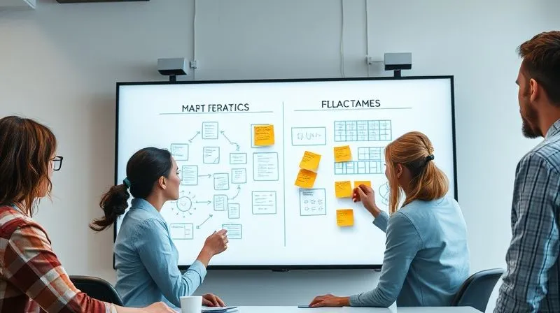 A photorealistic image of a diverse group of professionals collaborating seamlessly on a virtual whiteboard during a video conference call. The screen shows diagrams, sticky notes, and text. Cinematic lighting, sharp focus on the interactive elements, 8K hyper-detailed.