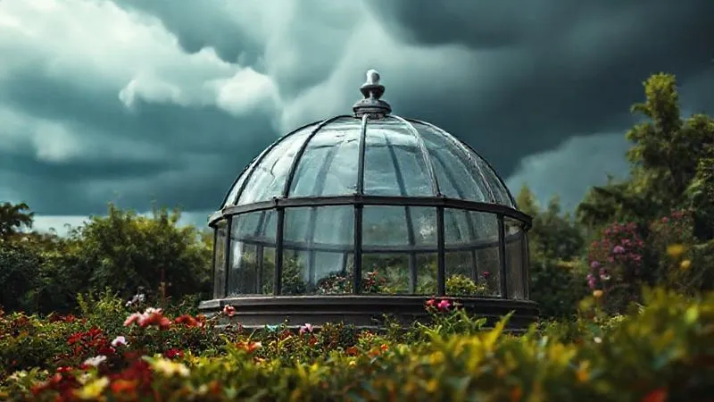 A photorealistic image of a secure, transparent glass dome protecting a vibrant, flourishing garden, with a stormy sky in the background. Cinematic lighting, sharp focus on the dome and garden, depth of field blurring the storm, 8K hyper-detailed, professional photography, shot on a high-end DSLR.