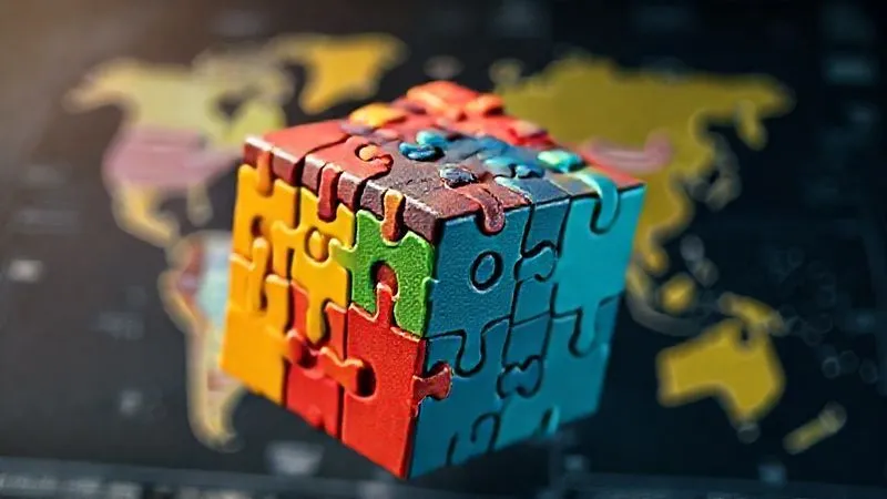 A photorealistic image of a complex, three-dimensional puzzle being expertly solved, with various colored pieces representing different tax laws and jurisdictions fitting together perfectly. The overall image evokes clarity and efficiency. Cinematic lighting, sharp focus on the puzzle, depth of field blurring a global map in the background, 8K hyper-detailed, professional photography, shot on a high-end DSLR.