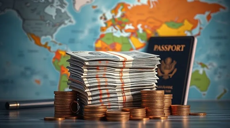 A photorealistic image of a stack of various international currency notes and coins, neatly organized, against a backdrop of a world map and a passport, symbolizing financial security for a global traveler. Cinematic lighting, sharp focus on the currency, depth of field. 8K hyper-detailed.