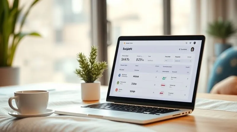 A photorealistic image of a minimalist digital nomad setup: a laptop open to a budgeting app interface, a cup of coffee, and a small plant, set against a blurred background of a cozy, sunlit co-working space. The screen clearly shows categories of expenses and income, with a flexible, adaptable interface. Cinematic lighting, sharp focus. 8K hyper-detailed.