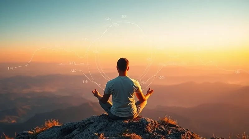A photorealistic image of a person meditating calmly on a mountaintop overlooking a vast, beautiful landscape, with a subtle overlay of financial charts and symbols gently moving around them, representing control and peace over financial fluctuations. Golden hour cinematic lighting, sharp focus on the person, depth of field. 8K hyper-detailed.