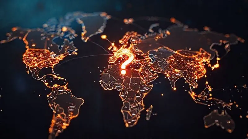 A photorealistic, professional photography, 8K, cinematic lighting, sharp focus, depth of field, shot on a high-end DSLR, of a world map with intricate, glowing lines connecting various countries, symbolizing complex tax jurisdictions and the movement of digital nomads. The lines are sometimes overlapping or creating 'no man's land' areas, with a subtle question mark hovering over them. The image evokes a sense of global connectivity and potential confusion.