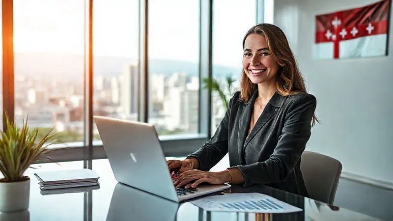 A photorealistic, professional photography, 8K, cinematic lighting, sharp focus, depth of field, shot on a high-end DSLR, of a person (Sofia) with a confident smile, working on a laptop in a modern, minimalist office space in Tbilisi, Georgia, with a view of the city in the background. Financial charts and a Georgian flag are subtly integrated into the scene, symbolizing successful financial planning and new residency.