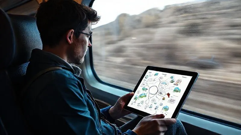 A photorealistic image of a traveler sitting on a train, looking out the window, with a digital tablet showing a mind map of learning goals and travel destinations, cinematic lighting, sharp focus on the tablet, depth of field blurring the passing landscape. professional photography, 8K, cinematic lighting, sharp focus, depth of field, shot on a high-end DSLR.