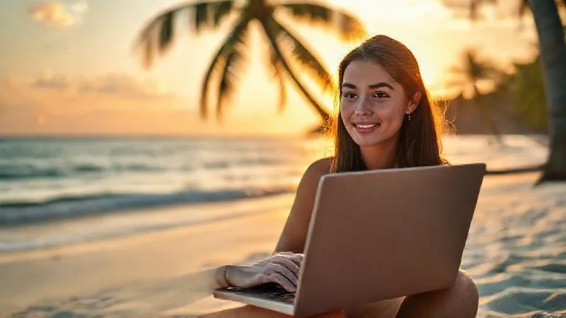 A photorealistic image of a young woman (Sofia) with a laptop, coding on a beach in Thailand at sunset, a serene and focused expression. The laptop screen shows lines of code and a learning platform. Palm trees and the ocean are in the background, bathed in golden light. professional photography, 8K, cinematic lighting, sharp focus, depth of field, shot on a high-end DSLR.