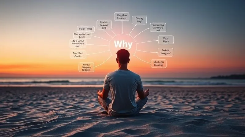 A photorealistic image of a person sitting cross-legged on a sandy beach at sunset, with a clear, glowing thought bubble above their head showing a detailed mind map of interconnected goals and a central 'why'. The scene is serene, inspiring, and visually represents deep introspection and goal setting. Cinematic lighting, sharp focus on the person and the thought bubble, depth of field blurring the background, 8K hyper-detailed, shot on a high-end DSLR. The overall mood is contemplative and determined.