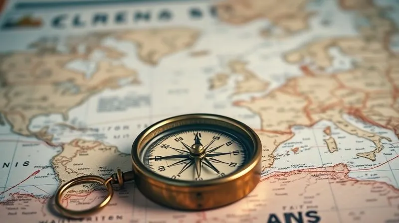 A photorealistic image of a vintage compass on a map, with a modern digital project schedule projected onto the map. The compass needle points towards a distant, inspiring landscape. The scene illustrates the blend of traditional navigation with modern project planning for a nomadic lifestyle. Cinematic lighting, sharp focus on the compass and map, depth of field blurring the background, 8K hyper-detailed, shot on a high-end DSLR. The overall mood is adventurous yet organized.