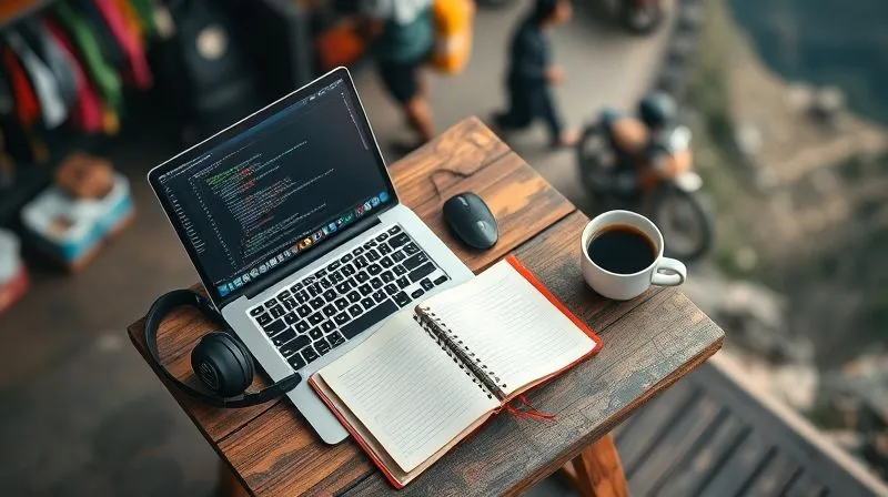 A photorealistic overhead shot of a digital nomad's workspace on a small, rustic wooden table. There's a laptop open with a coding interface, a meticulously organized notebook, a pair of noise-canceling headphones, and a cup of coffee. In the background, a blurred but identifiable vibrant street market or a scenic mountain view suggests the nomadic environment. The focus is sharp on the workspace, conveying order and focus amidst potential chaos. Cinematic lighting, sharp focus, depth of field, 8K hyper-detailed, shot on a high-end DSLR.