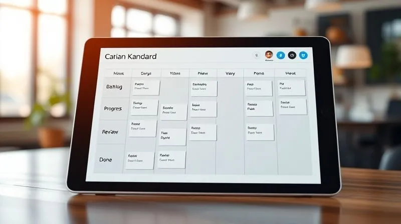 A photorealistic digital Kanban board displayed on a sleek tablet screen, with cards moving between columns like 'Backlog', 'In Progress', 'Review', and 'Done'. The background shows a blurry but inviting co-working space with natural light. Cinematic lighting, sharp focus on the board, depth of field, 8K hyper-detailed, professional photography, shot on a high-end DSLR.