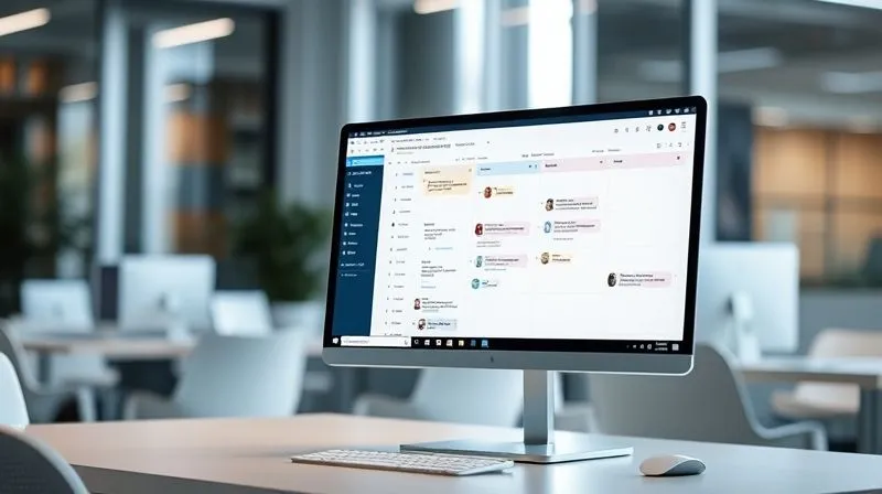 A photorealistic, sleek user interface of a project management software (like Asana or ClickUp) displayed on a high-resolution monitor, showing a complex project timeline with tasks, dependencies, and team assignments clearly visible. The screen is part of a minimalist desk setup in a bright, modern co-working space. Cinematic lighting, sharp focus on the screen, depth of field, 8K hyper-detailed, professional photography, shot on a high-end DSLR.