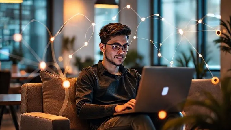 A photorealistic image of a young professional sitting comfortably in a modern co-working space, laptop open, with multiple glowing digital lines representing diverse income streams (stocks, freelance projects, online courses, remote job) flowing from the screen and intertwining like a robust network. Cinematic lighting emphasizes the glow of the screens and the calm focus of the person. Sharp focus on the individual and their setup, with a slight depth of field blurring the background, 8K hyper-detailed, professional photography, shot on a high-end DSLR.