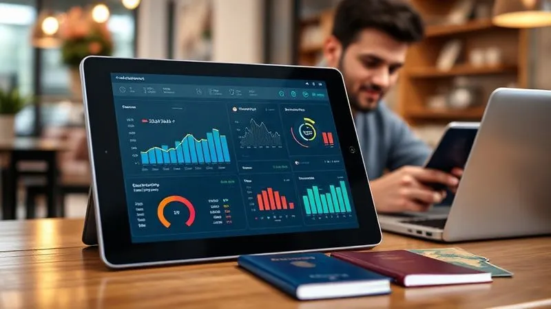A photorealistic image of a sleek digital dashboard on a tablet screen, displaying financial graphs, income streams, and expense tracking in a clean, intuitive interface. In the background, slightly blurred, a person is working on a laptop in a cafe with a passport and world map nearby. The lighting is bright and modern, sharp focus on the tablet, depth of field creating bokeh in the background, 8K hyper-detailed, professional photography, shot on a high-end DSLR.