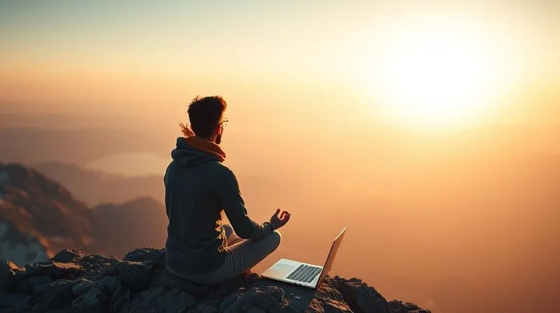 Photorealistic, professional photography, 8K, cinematic lighting, sharp focus, depth of field, shot on a high-end DSLR. A digital nomad meditating peacefully at sunrise on a mountain peak overlooking a vast landscape, laptop closed beside them, symbolizing mental clarity and preparation before work. The light is soft and golden, creating a sense of calm and focus.