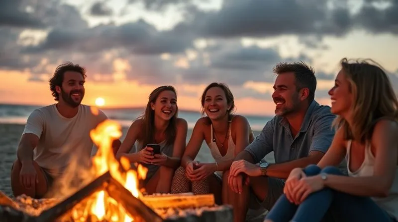 Photorealistic, professional photography, 8K, cinematic lighting, sharp focus, depth of field, shot on a high-end DSLR. A digital nomad smiling genuinely, laughing with local friends around a campfire on a beach at sunset, no electronic devices in sight. The atmosphere is warm, joyful, and emphasizes genuine human connection and relaxation after work.